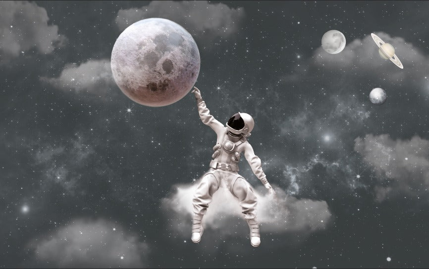 Astronaut and Moon Wallpaper : Dark Starry Space Mural - View 2