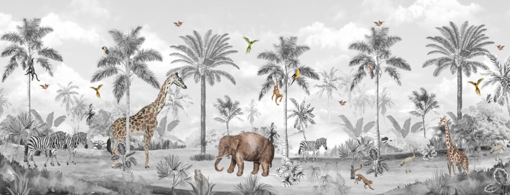 Monochrome Jungle Animals Wallpaper : Giraffe and Palm Sketch Mural - View 2