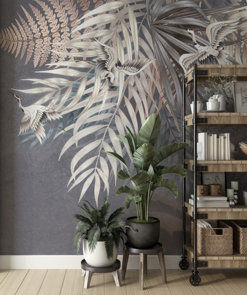 Hanging Palm Leaf Wallpaper : Grey and Beige Tropical Mural