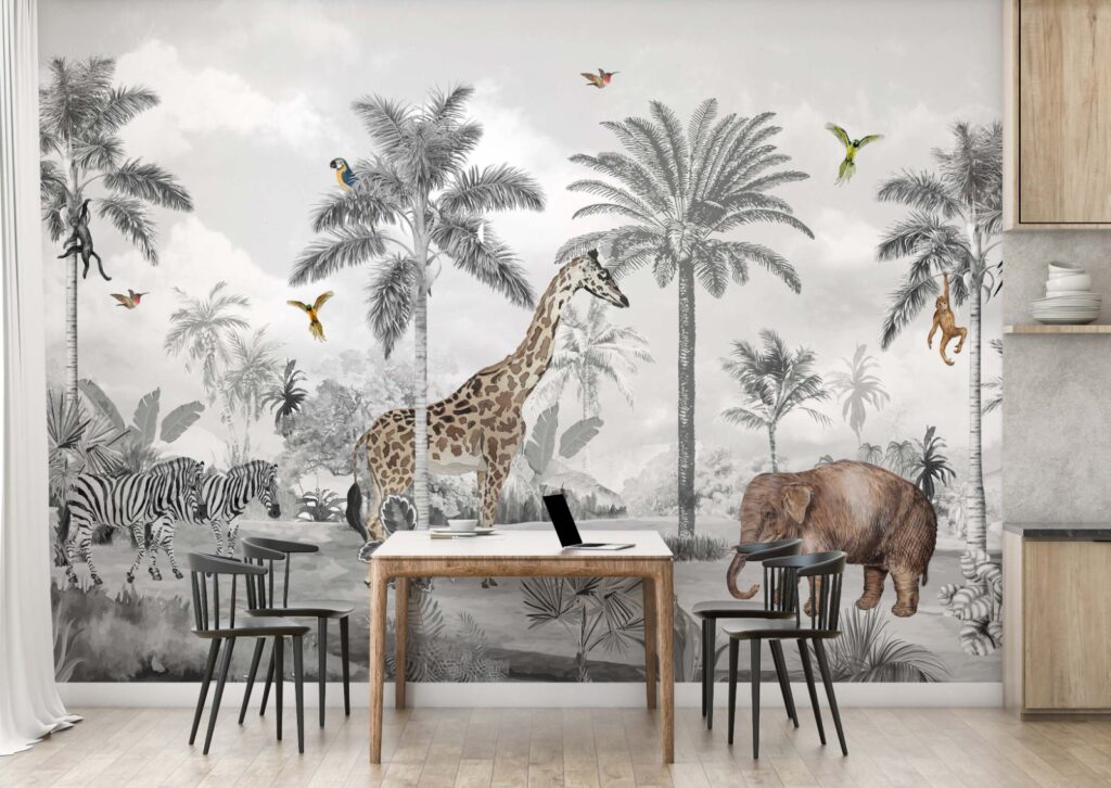 Monochrome Jungle Animals Wallpaper : Giraffe and Palm Sketch Mural