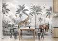 Monochrome Jungle Animals Wallpaper : Giraffe and Palm Sketch Mural