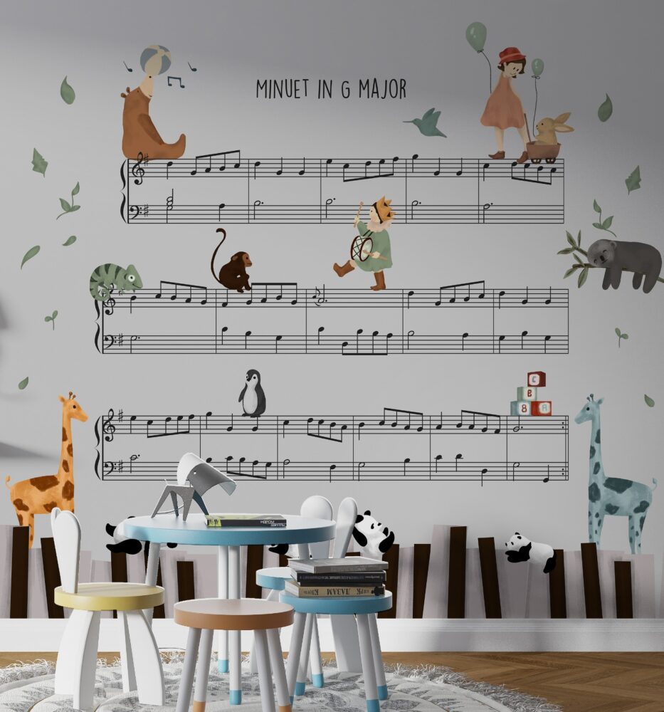 Music Notes Wallpaper : Animals on Sheet Music Kids Mural