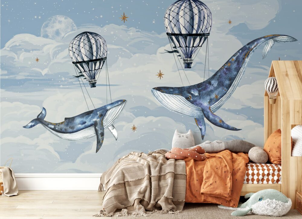 Flying Whale Wallpaper : Hot Air Balloon Sky Kids Mural