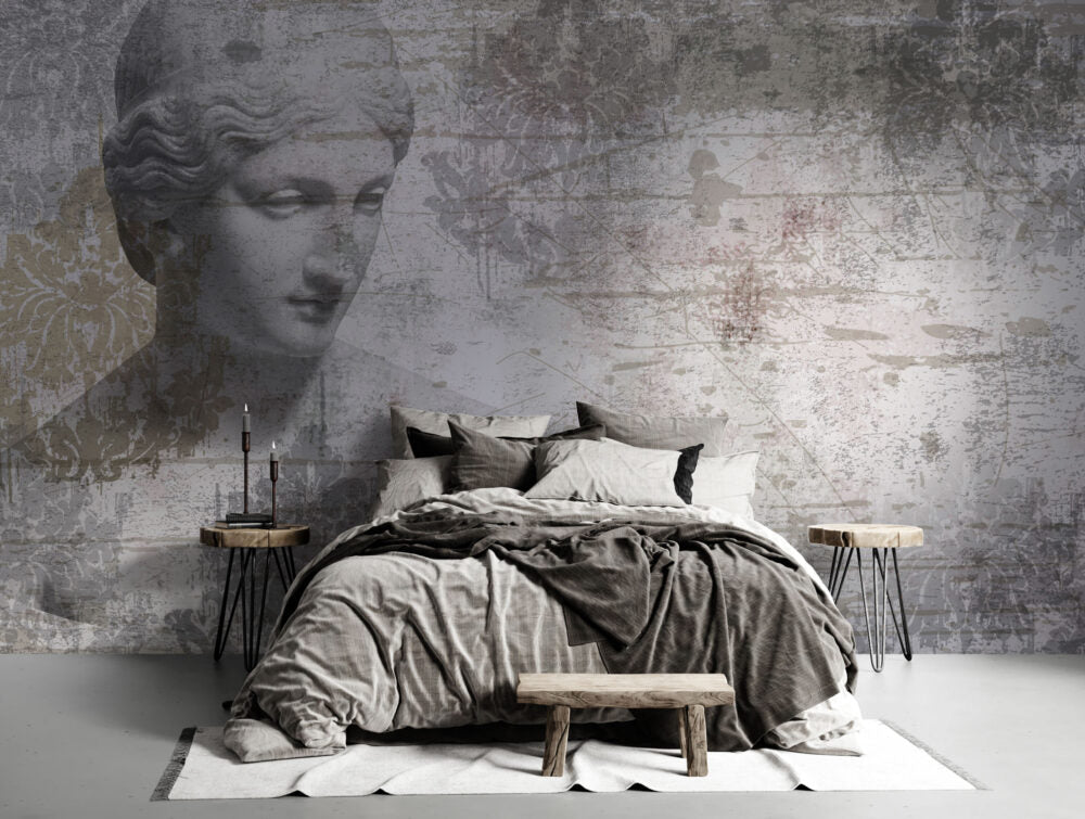 Classical Bust Wallpaper : Distressed Grey Plaster Statue Mural