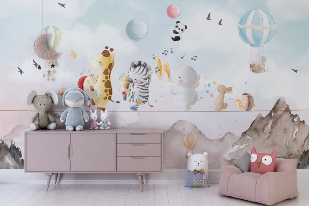 Cute Animal Parade Wallpaper : Pastel Kids Mural