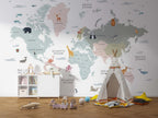 Kids World Map Wallpaper : Soft Pastel Animal Atlas Mural - View 2
