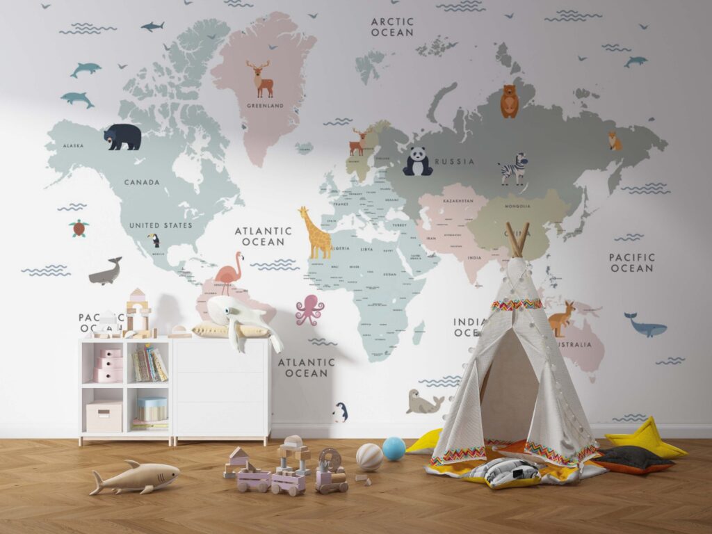 Kids World Map Wallpaper : Soft Pastel Animal Atlas Mural - View 2