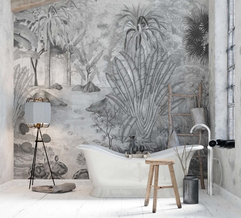Grey Sketch Tropical Wallpaper : Monochrome Banana Leaf Landscape Mural