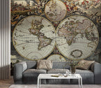 Antique World Map Wallpaper : Vintage Double Hemisphere Mural - View 3