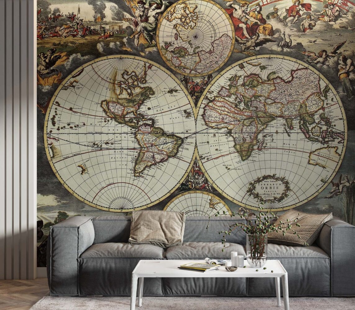 Antique World Map Wallpaper : Vintage Double Hemisphere Mural - View 3