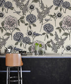 Hydrangea and Bird Wallpaper : Navy Sketch Floral Pattern Mural - View 2