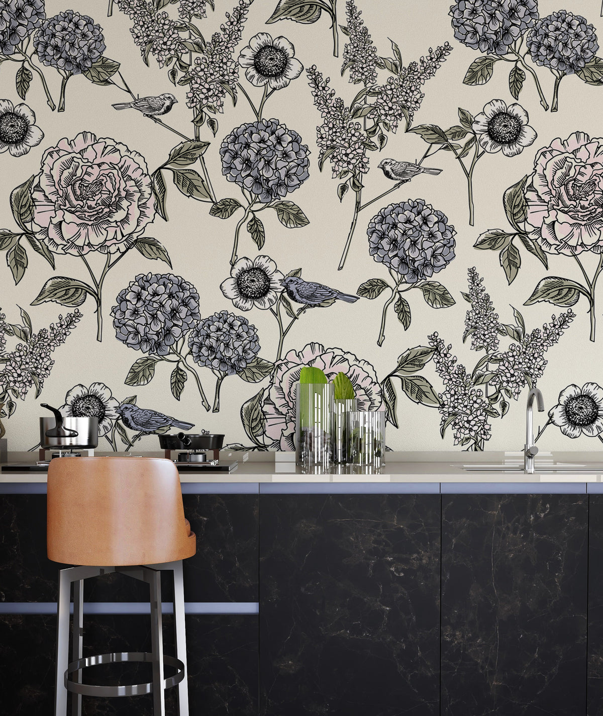 Hydrangea and Bird Wallpaper : Navy Sketch Floral Pattern Mural - View 2