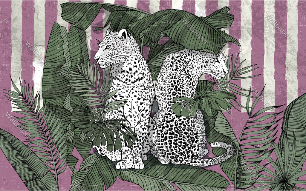 Leopard Print Jungle Wallpaper : Black White Pink Tropical Mural - View 2