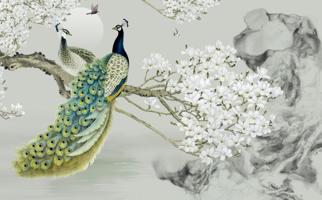 Peacock Blossom Wallpaper : Chinoiserie Branch Mural - View 2
