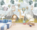 Hot Air Balloon Safari Wallpaper : Cute Animal Kids Mural