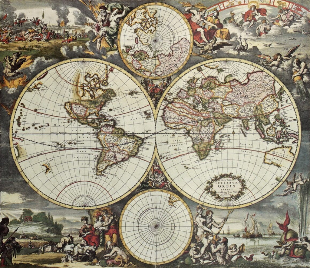 Antique World Map Wallpaper : Vintage Double Hemisphere Mural - View 2