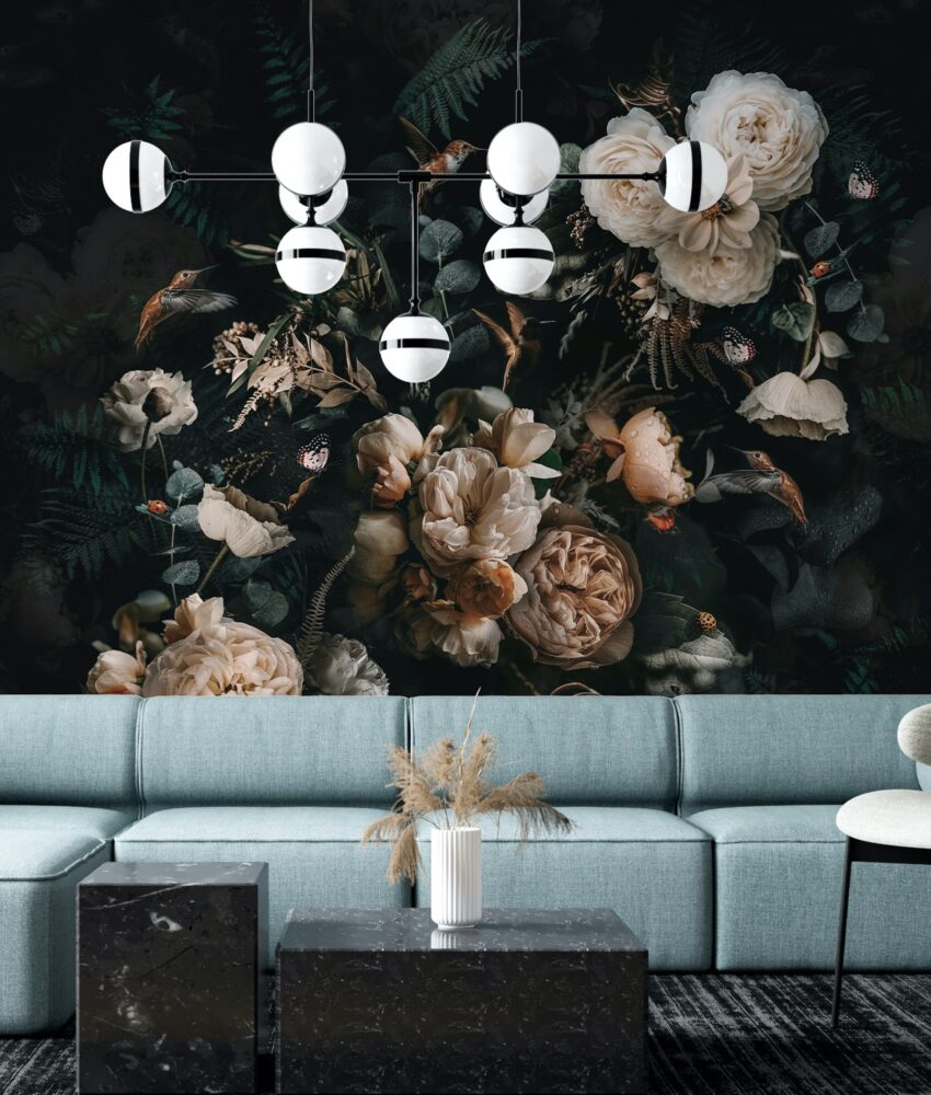 Dark Floral Wallpaper : Moody Peony Rose Bouquet Mural - View 3