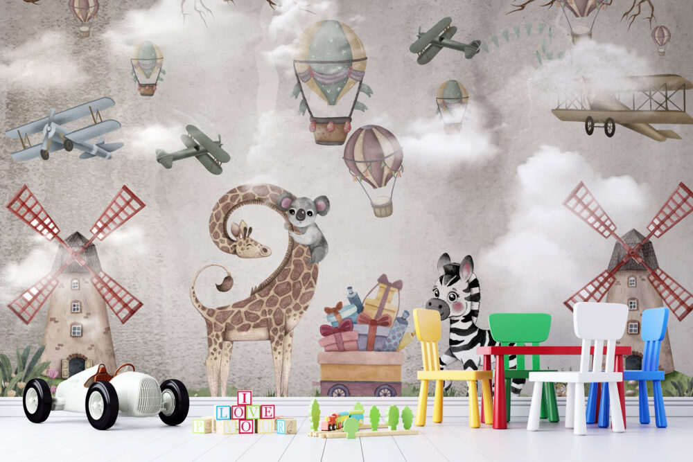 Airplane Balloon Animals Wallpaper : Vintage Sky Kids Mural - View 3
