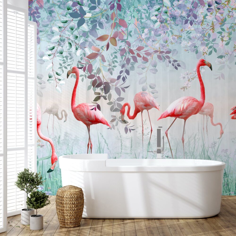 Flamingo Garden Wallpaper : Pink Birds Floral Meadow Mural