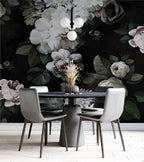 Dark White Rose Wallpaper : Moody Floral on Black Mural - View 3