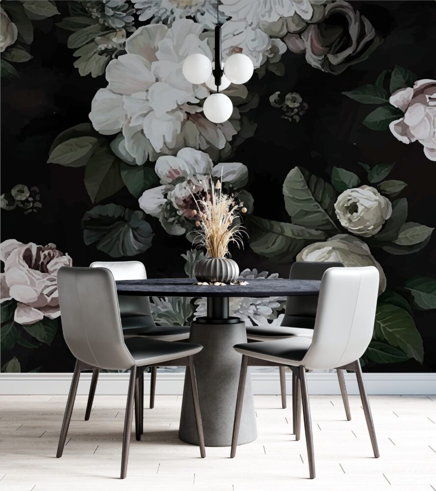 Dark White Rose Wallpaper : Moody Floral on Black Mural - View 3