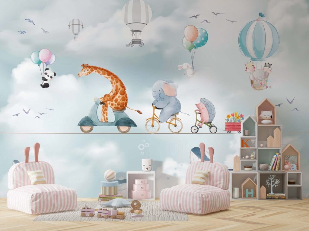 Cycling Giraffe Wallpaper : Animals on Bikes Sky Mural - View 4