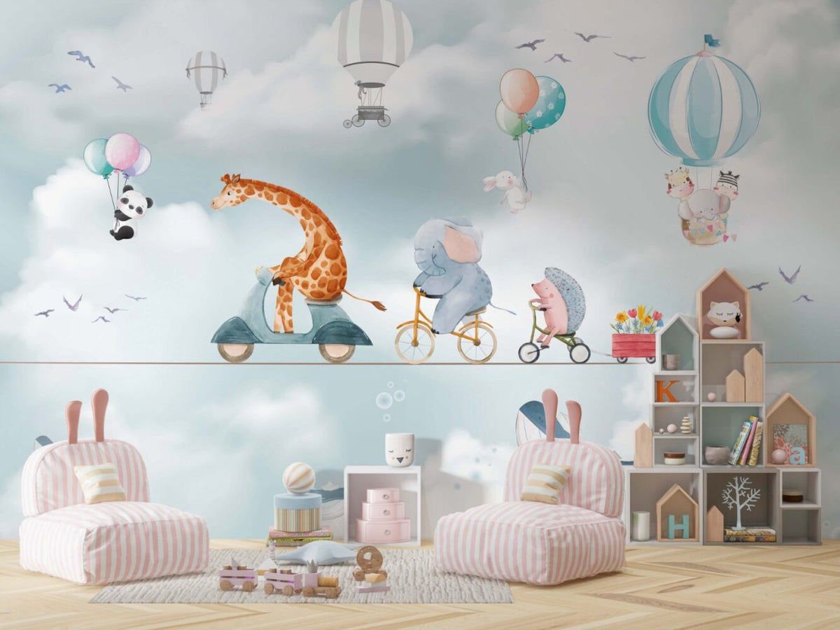 Cycling Giraffe Wallpaper : Animals on Bikes Sky Mural - View 4
