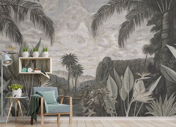 Tropical Lake Wallpaper : Grey Green Vintage Palm Mural