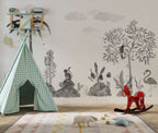Monochrome Animal Sketch Wallpaper : Kids Jungle Drawing Mural - View 2