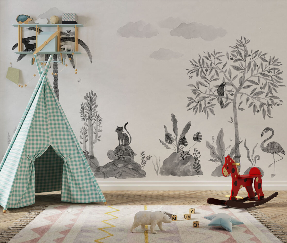 Monochrome Animal Sketch Wallpaper : Kids Jungle Drawing Mural - View 2