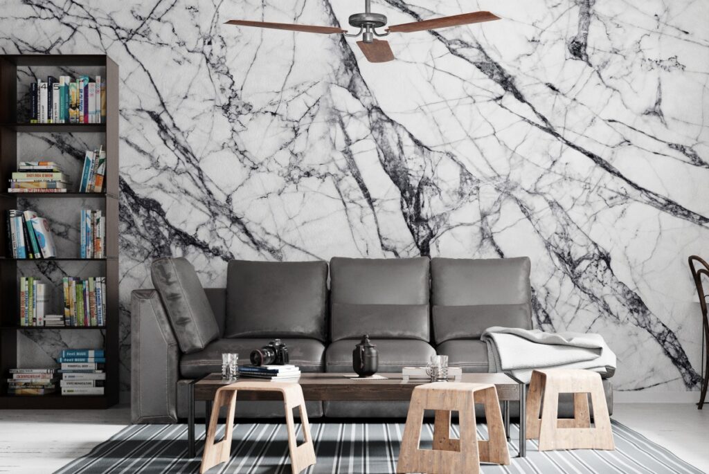 White Marble Wallpaper : Black Veined Stone Mural - View 3