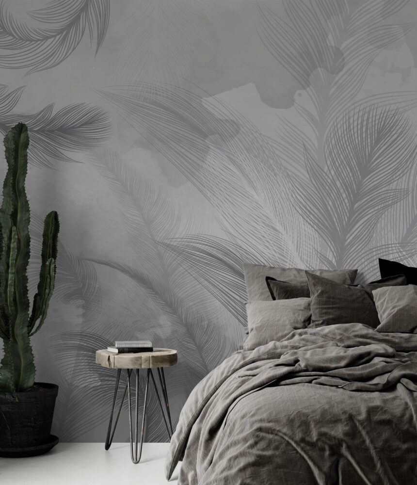 Grey Feather Palm Wallpaper : Soft Monochrome Leaf Mural - View 4