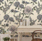 Hydrangea and Bird Wallpaper : Navy Sketch Floral Pattern Mural - View 3