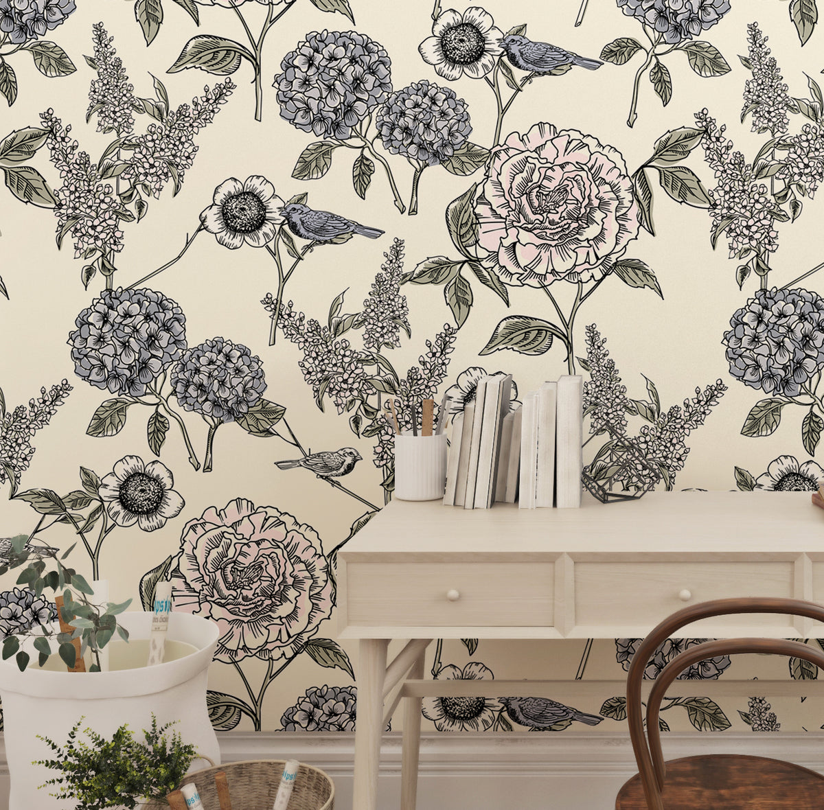 Hydrangea and Bird Wallpaper : Navy Sketch Floral Pattern Mural - View 3