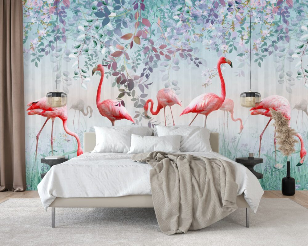 Flamingo Garden Wallpaper : Pink Birds Floral Meadow Mural - View 2