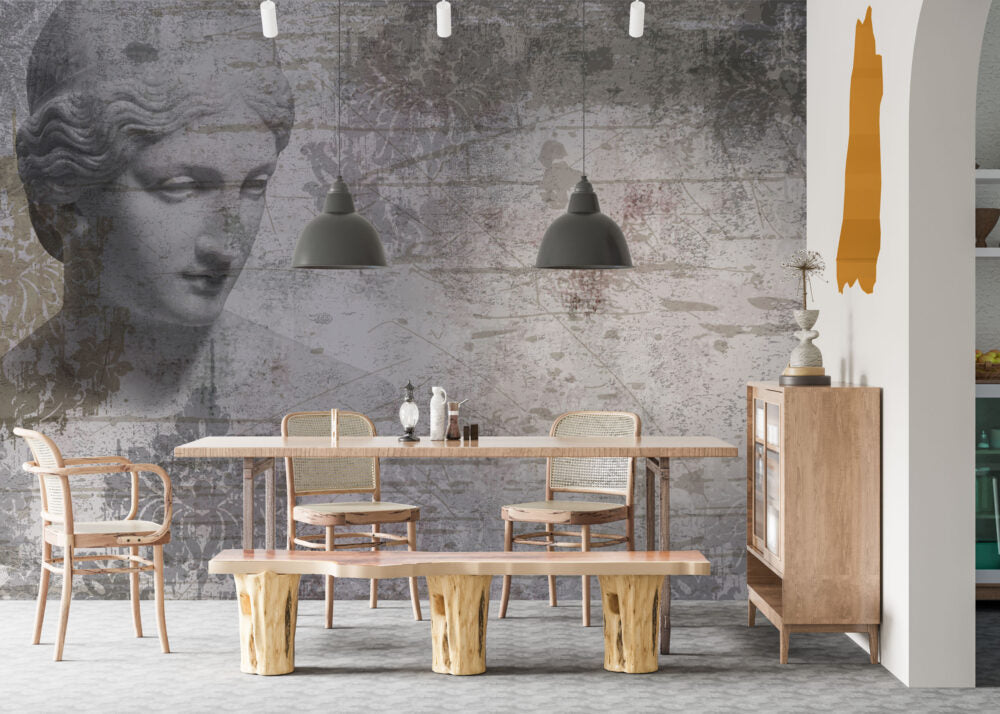 Classical Bust Wallpaper : Distressed Grey Plaster Statue Mural - View 4