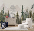 Watercolor Pine Forest Wallpaper : Kids Misty Mountain Mural