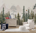 Watercolor Pine Forest Wallpaper : Kids Misty Mountain Mural