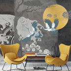 Dark Crane Wallpaper : Japanese Wave And Moon Mural