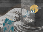 Dark Crane Wallpaper : Japanese Wave And Moon Mural - View 2