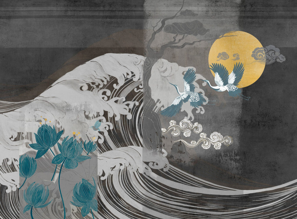 Dark Crane Wallpaper : Japanese Wave And Moon Mural - View 2