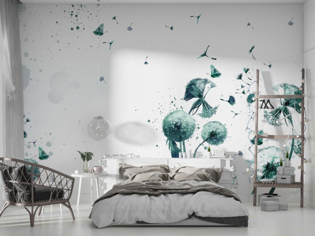 Teal Dandelion Wallpaper : Watercolor Blowing Seeds Mural