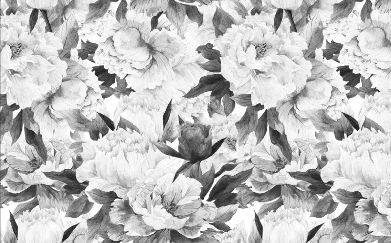 Black and White Floral Wallpaper : Monochrome Peony Mural - View 2