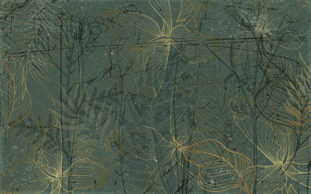 Dark Green Leaf Outline Wallpaper : Gold Line Botanical Mural - View 2