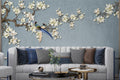 Magnolia Branch Birds Wallpaper : Blue Textured Floral Mural