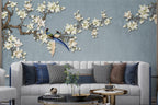 Magnolia Branch Birds Wallpaper : Blue Textured Floral Mural