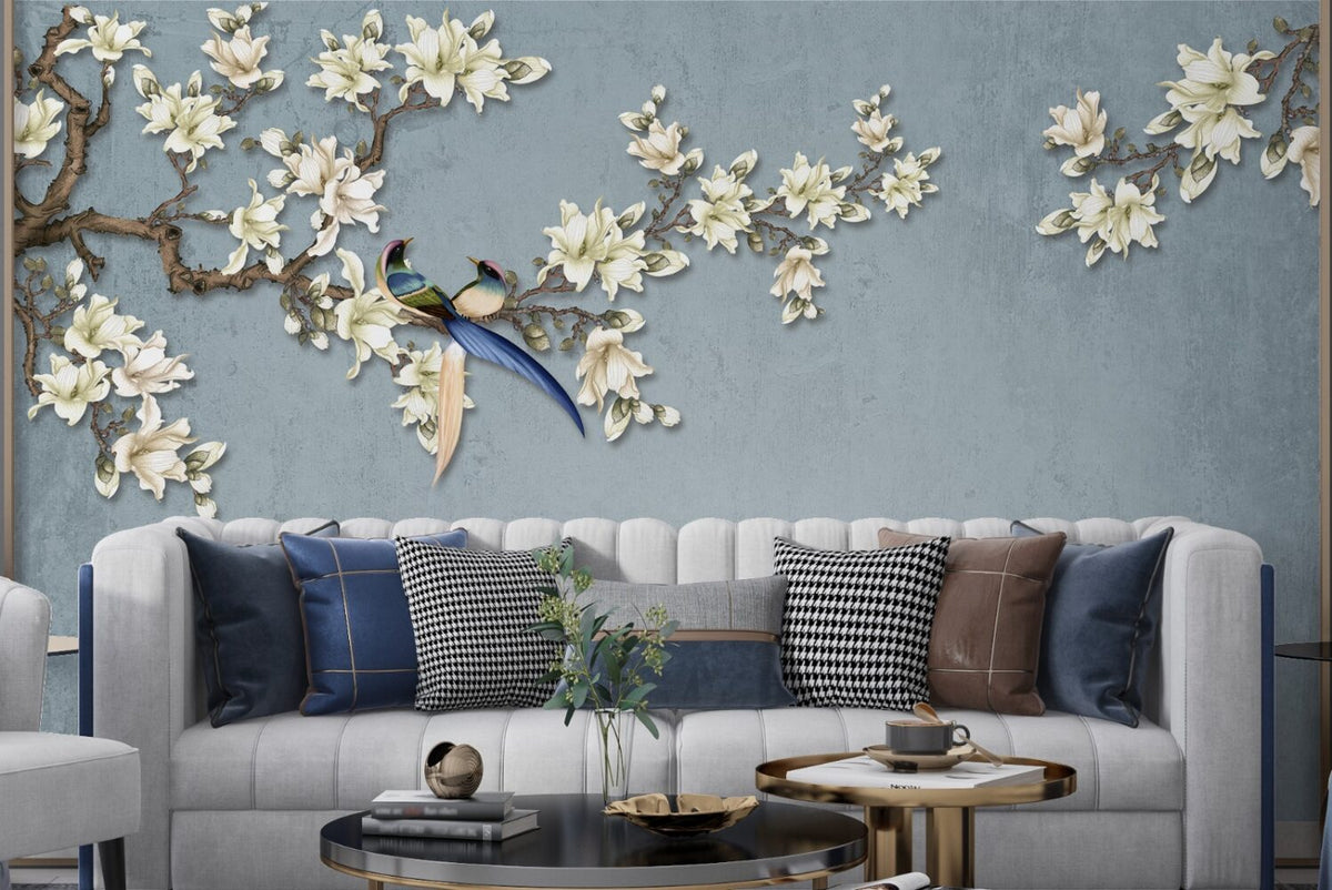 Magnolia Branch Birds Wallpaper : Blue Textured Floral Mural