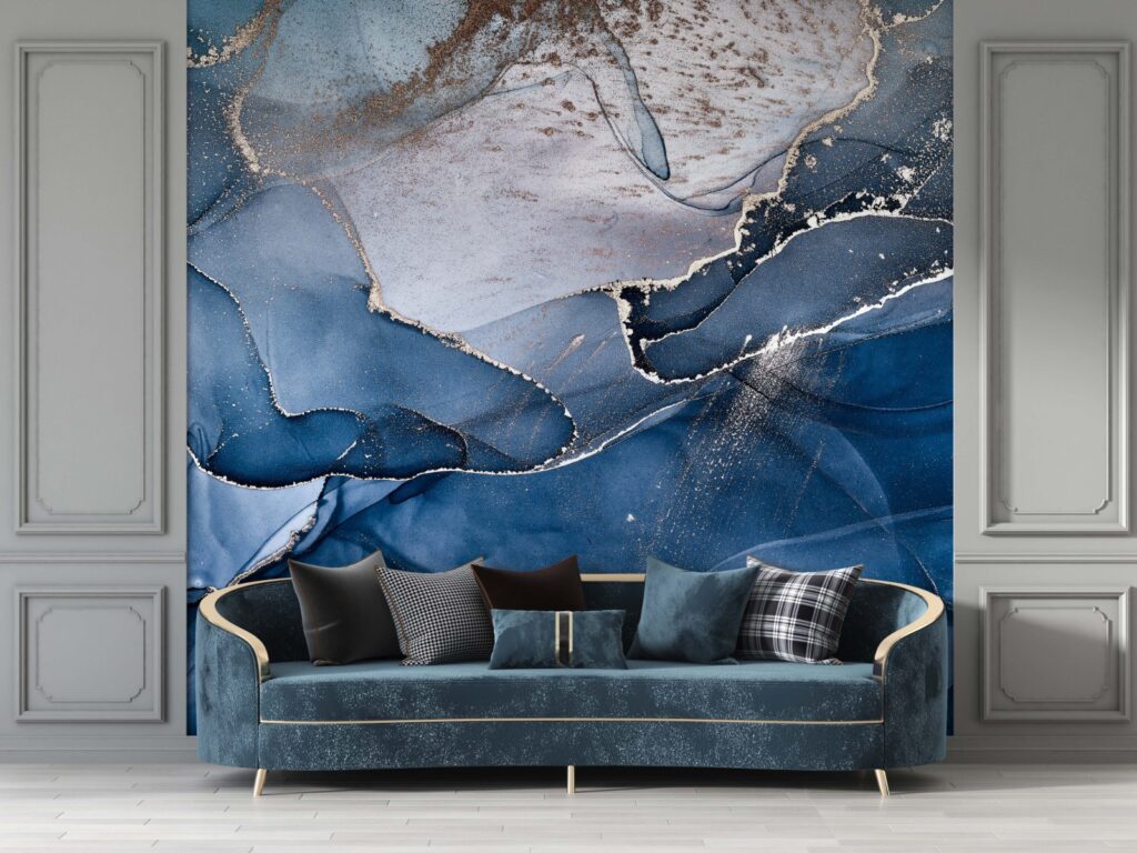 Navy Marble Wallpaper : Blue Gold Alcohol Ink Mural - View 2