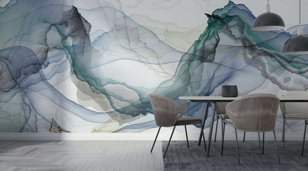 Teal Alcohol Ink Wallpaper : Layered Mountain Abstract Mural - View 3