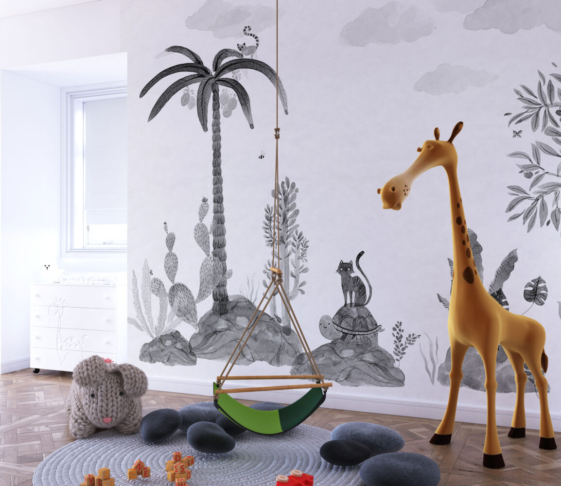 Monochrome Animal Sketch Wallpaper : Kids Jungle Drawing Mural